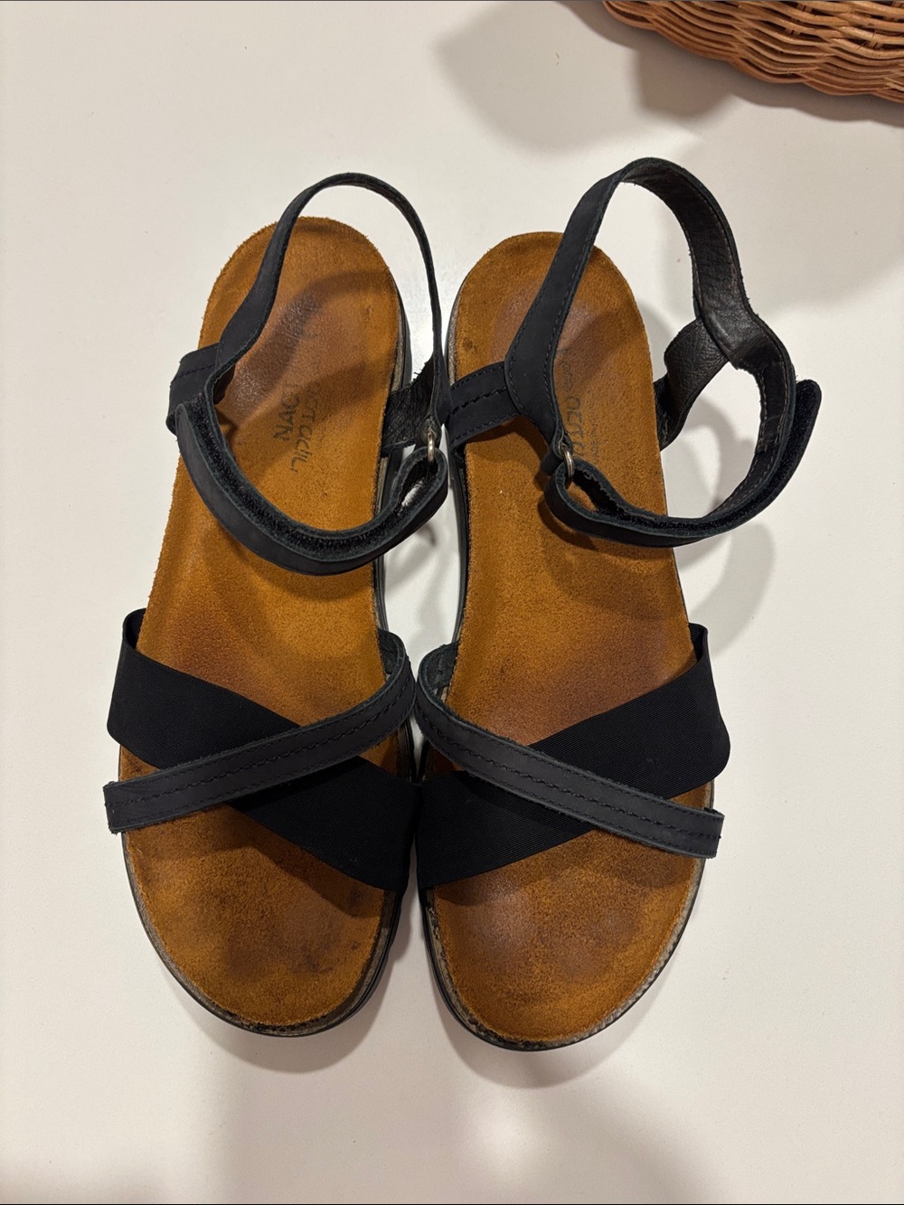 Naot Black Cross-Strap Ankle Sandals with Tan Footbed